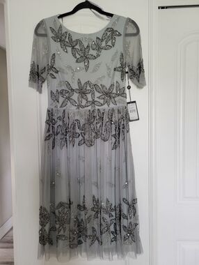 Closing Sale!!!Georgeous! Elegant Silver Beaded Floral Mesh Dress. Heavy Sequins